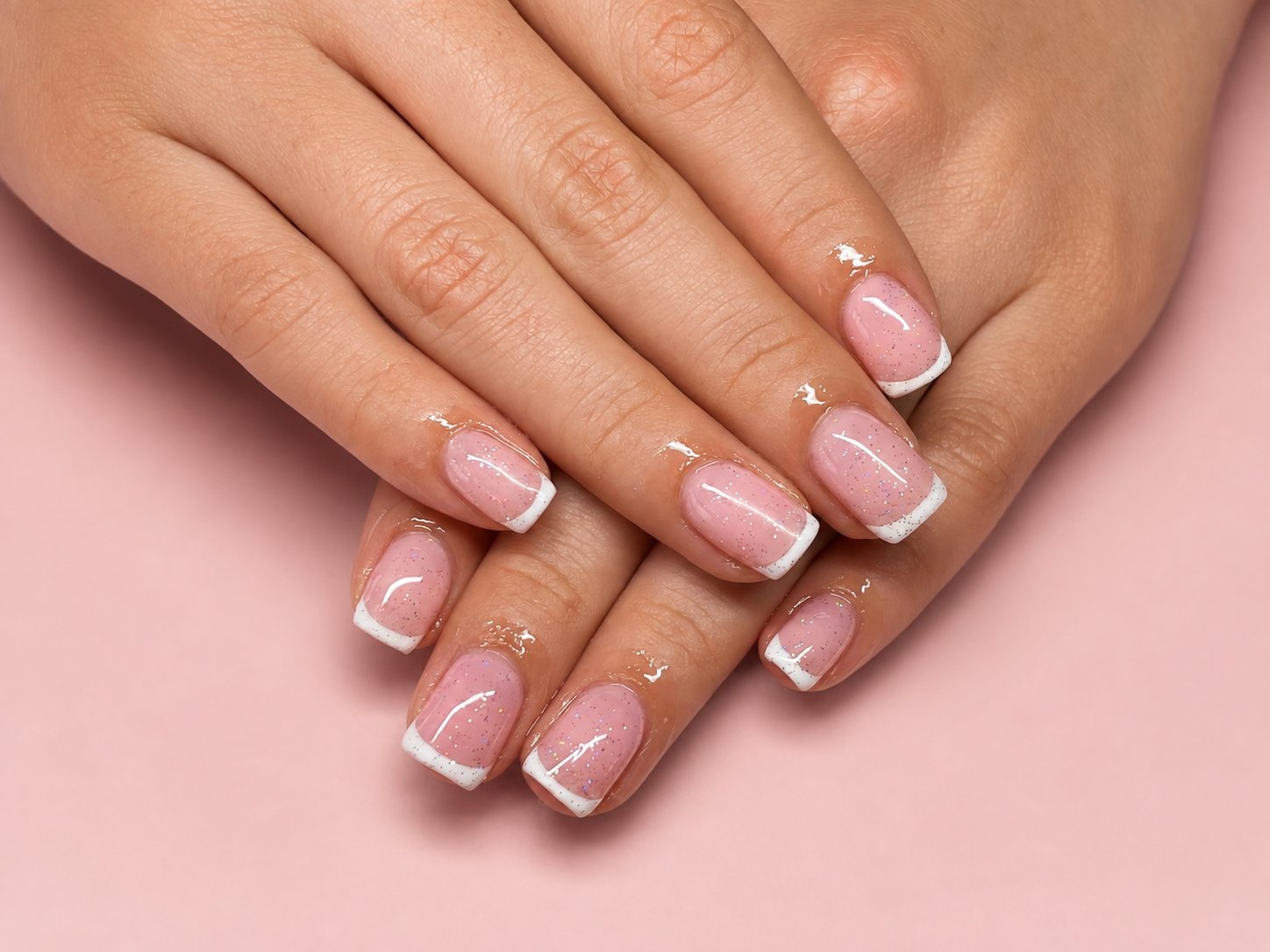 Short square GelX nails with a sheer pink base, fine glitter through the polish, and crisp white french tips